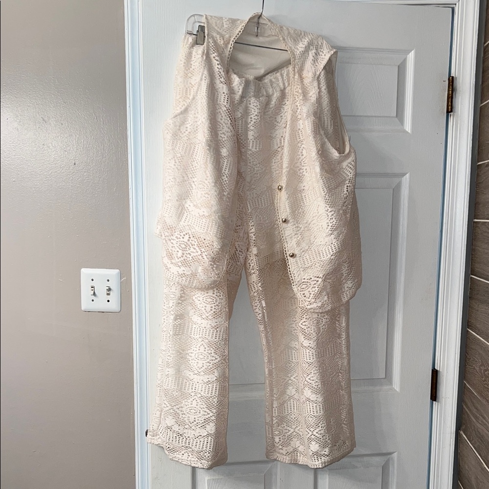 Cream Lace Wide-Leg Pants with Matching Vest